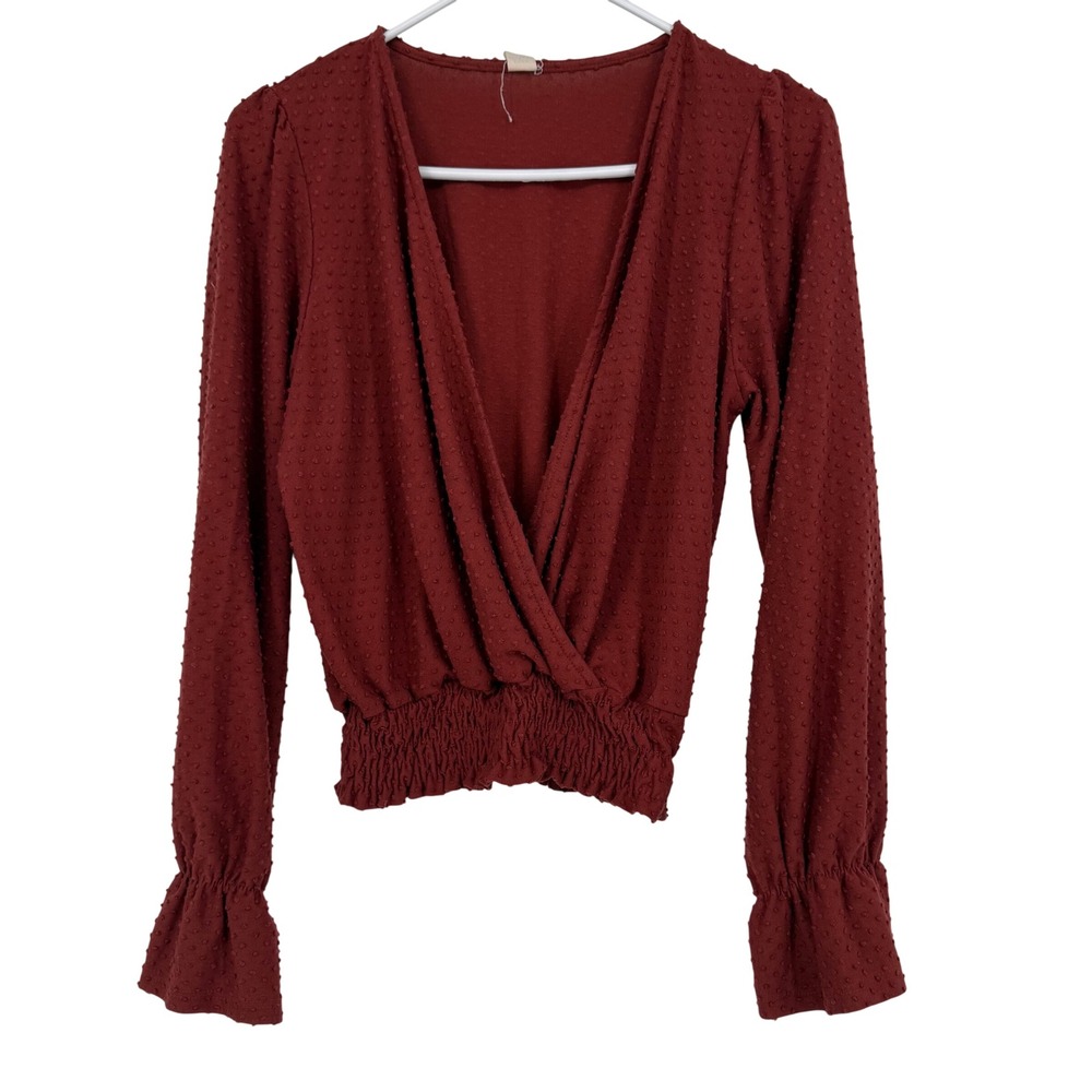 Lazy Sundays Swiss Dot Wrap Top Rust Red Smocked Waist Long Sleeve Blouse Medium